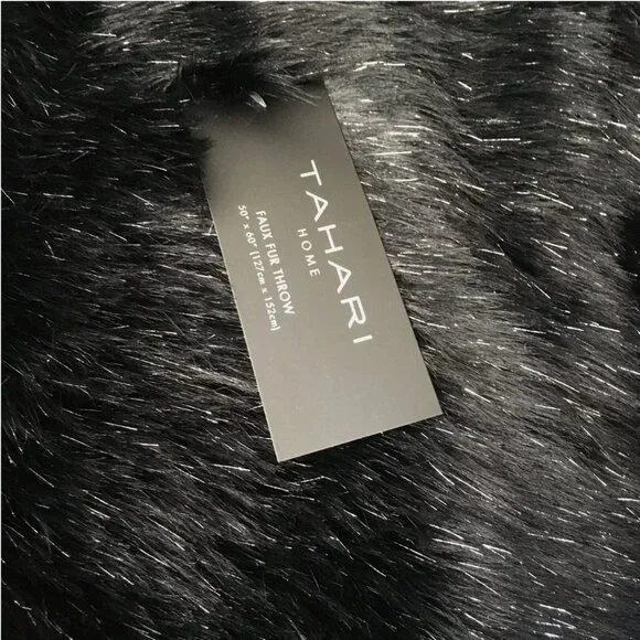 Tahari Black Faux Fur Throw Blanket Silver TInsel Luxury Halloween